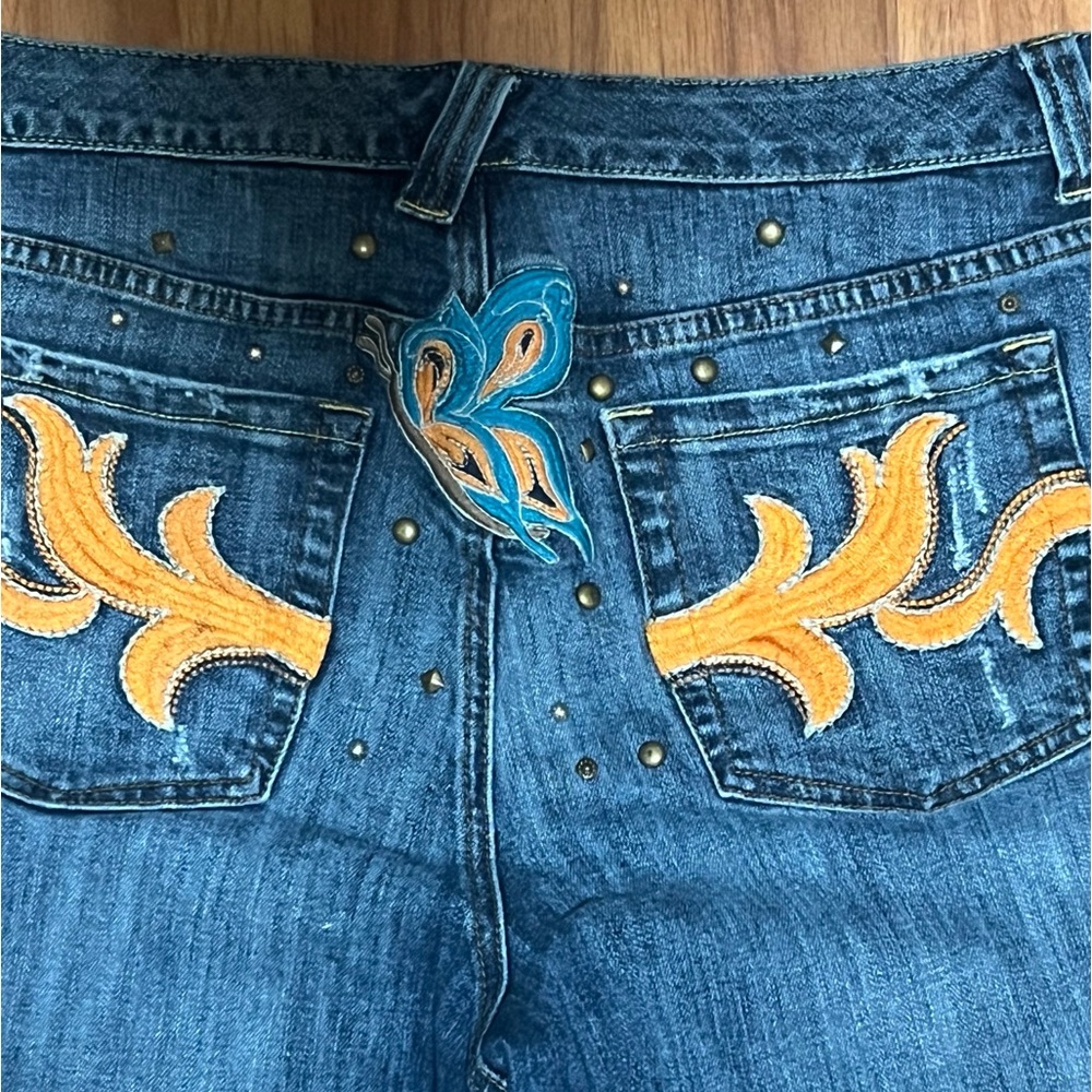 Venezia embroidered cropped jeans Size 16 butterfly studs stretch short blue
